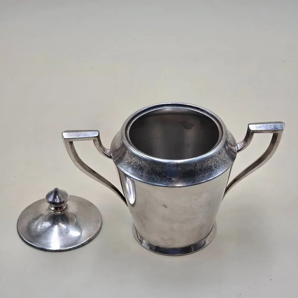 Vintage 1881 Rogers Silver Plate Creamer & Sugar Bowl Set 5016 w/ Lid Art Deco